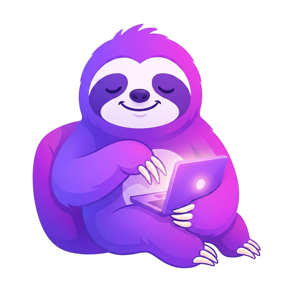 Sloe the WhisperAI sloth lounging with a glowing laptop