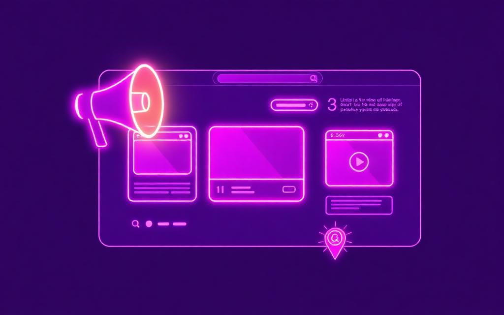 Neon violet advertising dashboard with a megaphone, banner and video ad cards and a radar finding placements