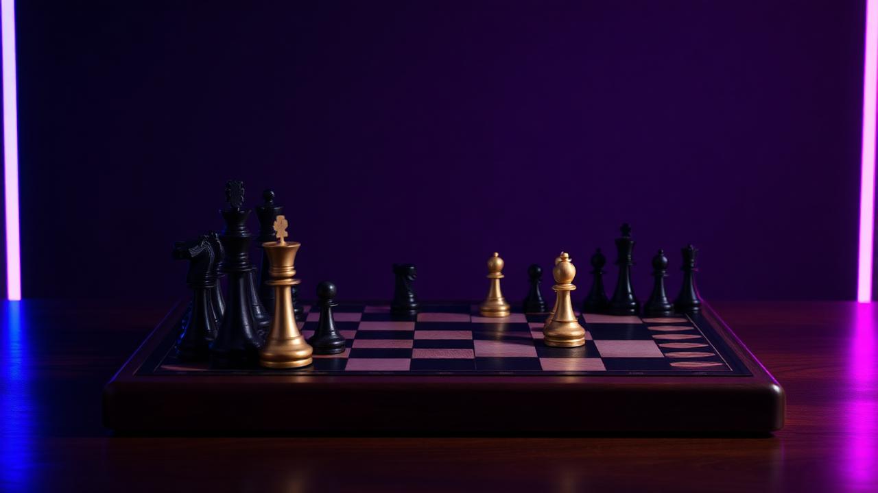 Chess board with gold and black pieces lit by neon violet light