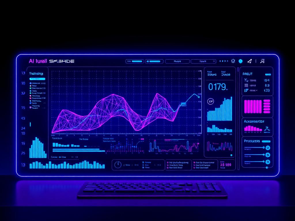 Neon violet AI training dashboard with neural network graph and GPU metrics