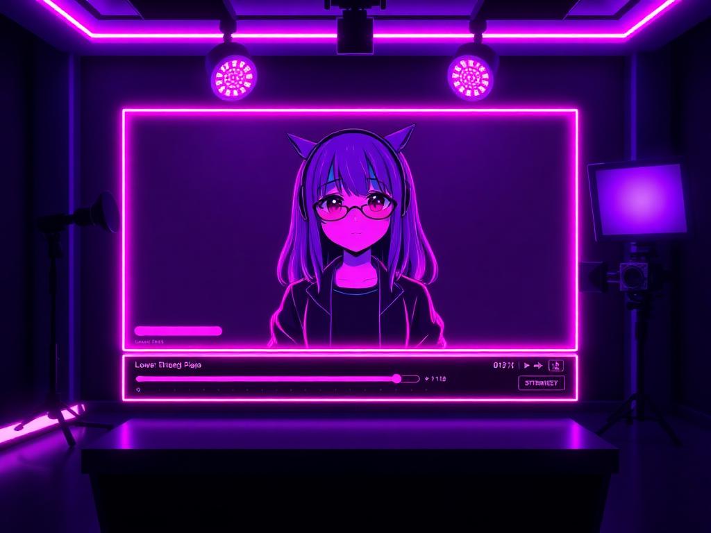 Neon violet virtual streamer studio with an anime presenter on a stream overlay